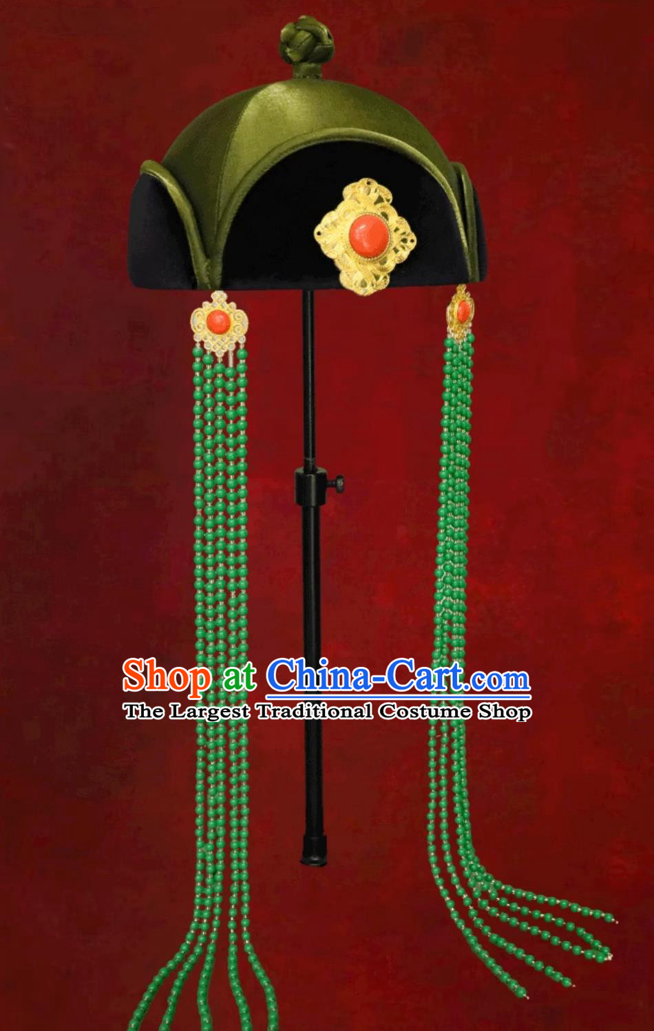 Green Mongolian Ethnic Tassel Headpiece Chinese Mongolian Dance Performance Hair Accessory Forehead Decoration Hat