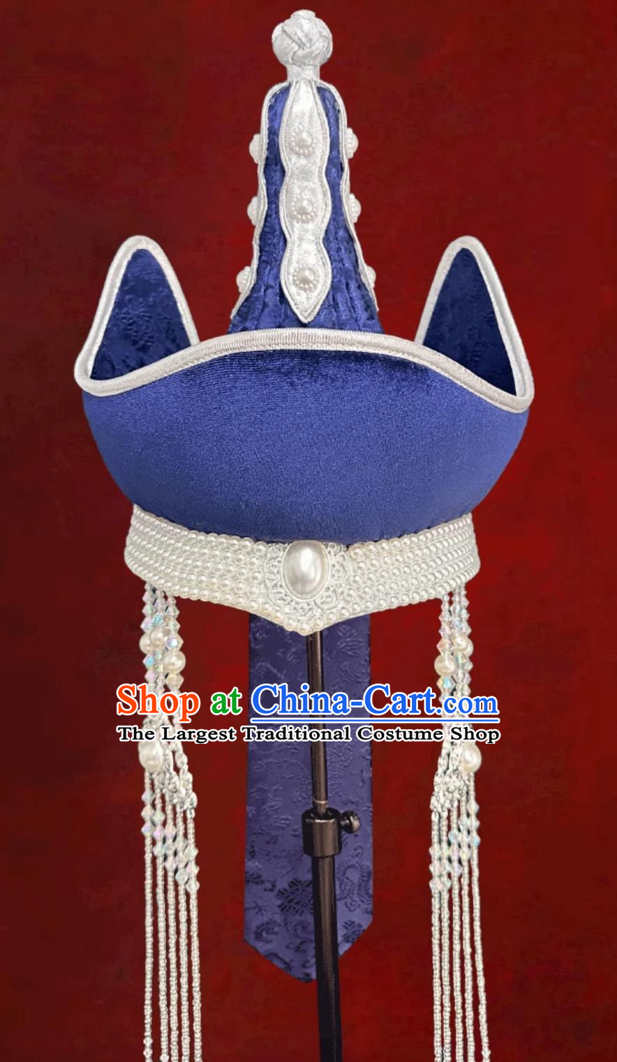 Blue Mongolian Ethnic Tassel Headpiece Women Pointed Top Dance Performance Hair Accessory Forehead Ornament