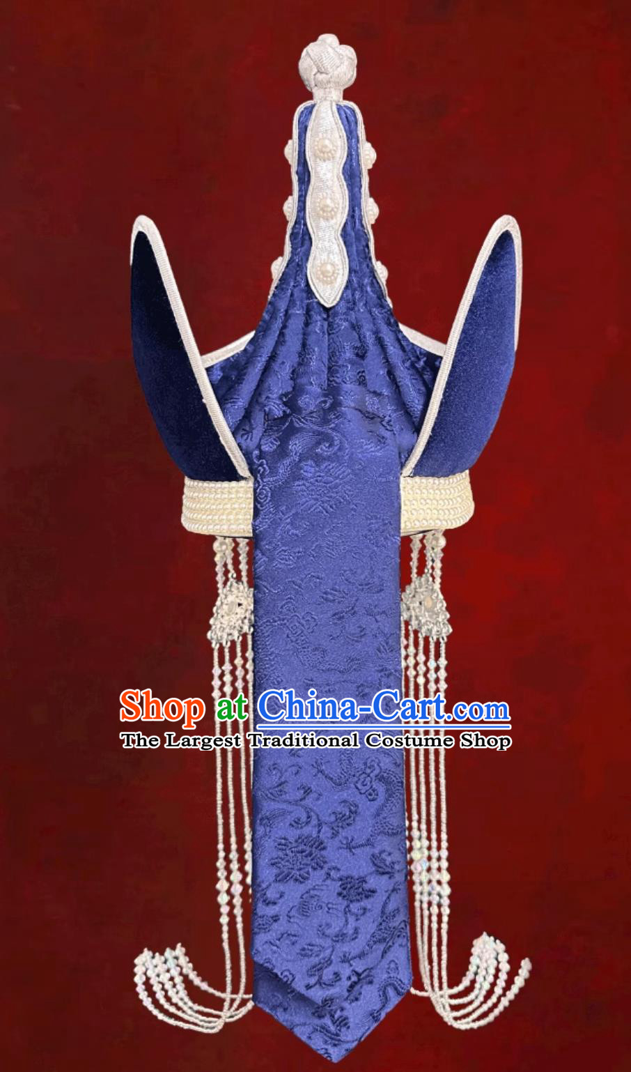 Blue Mongolian Ethnic Tassel Headpiece Women Pointed Top Dance Performance Hair Accessory Forehead Ornament