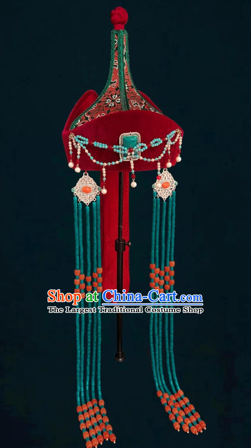 Mongolian Ladies Red Tassel Hat Dance Performance Wedding Show Headpiece Chinese Forehead Chain Headwear