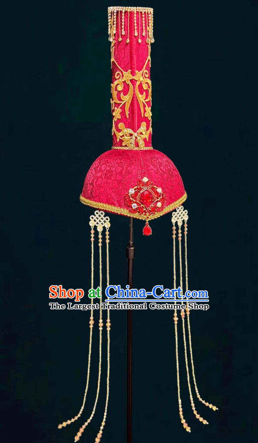 Mongolian Ladies Red High Top Hat Chinese Dance Performance Wedding Show Headpiece