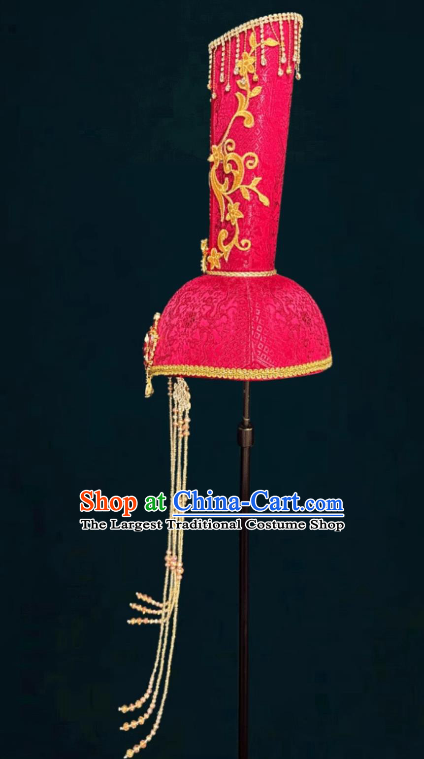 Mongolian Ladies Red High Top Hat Chinese Dance Performance Wedding Show Headpiece