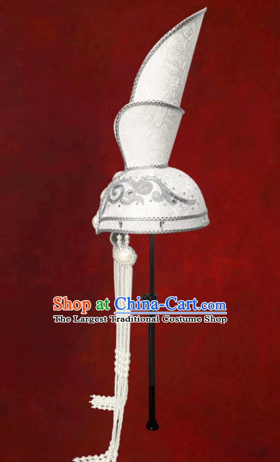 White Ladies Mongolian High Top Pointed Hat Ceremonial Grand Dance Performance Premium Show Headpiece