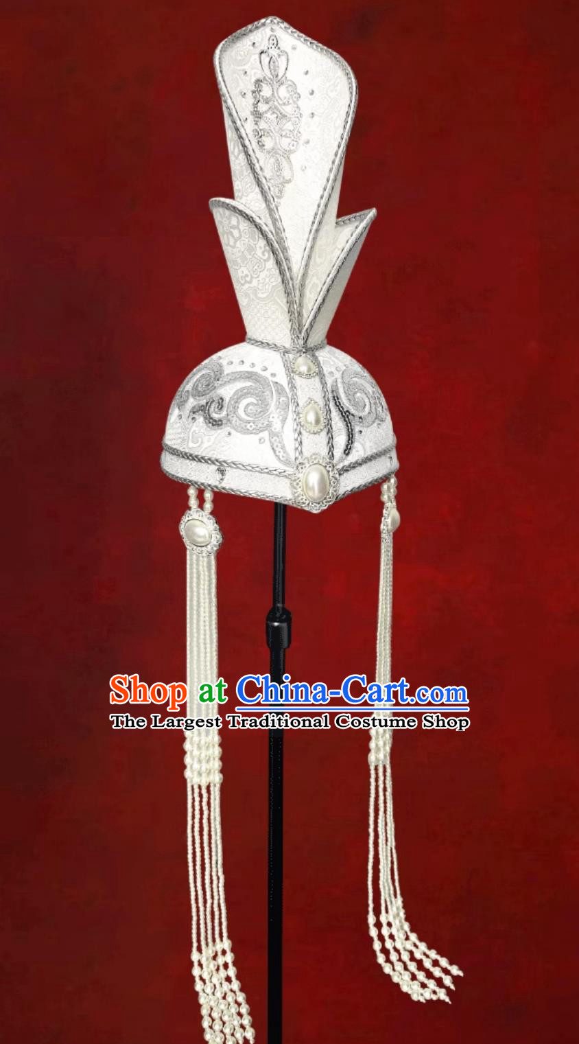 White Ladies Mongolian High Top Pointed Hat Ceremonial Grand Dance Performance Premium Show Headpiece