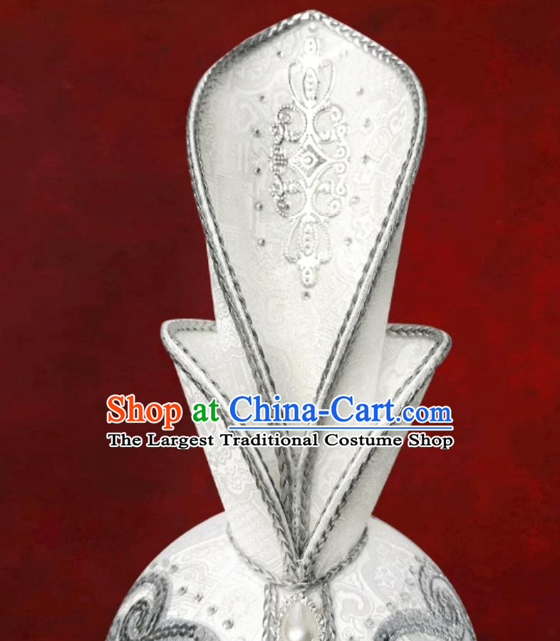 White Ladies Mongolian High Top Pointed Hat Ceremonial Grand Dance Performance Premium Show Headpiece