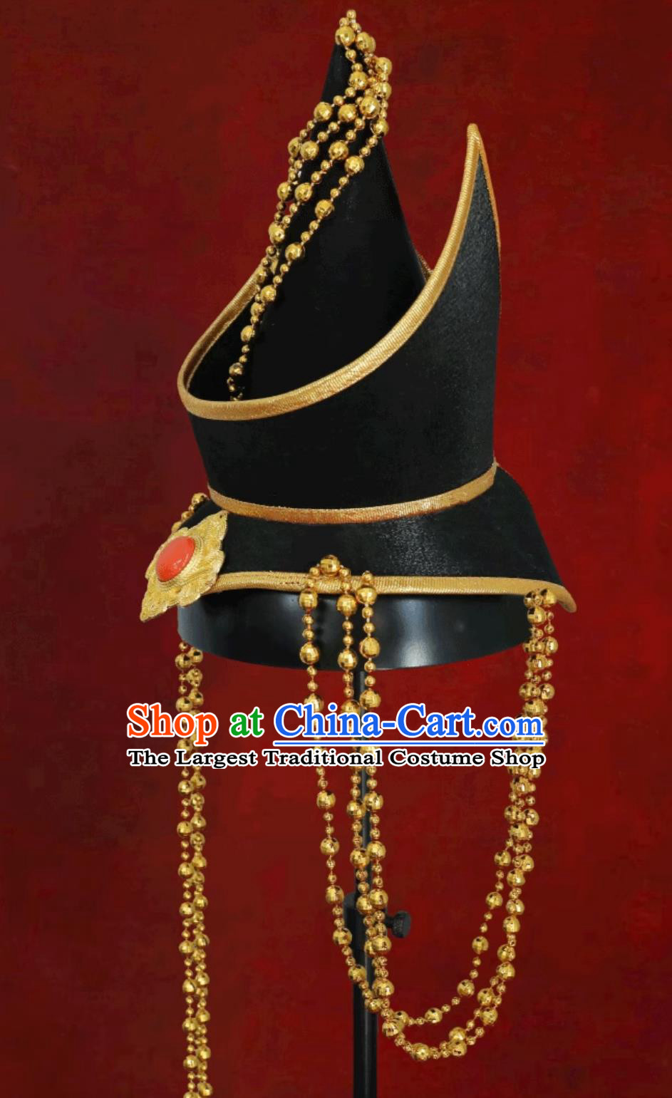 Mongolian Ladies Black Headpiece Forehead Pointed Hat Dance Performance Mongolian Hair Accessory