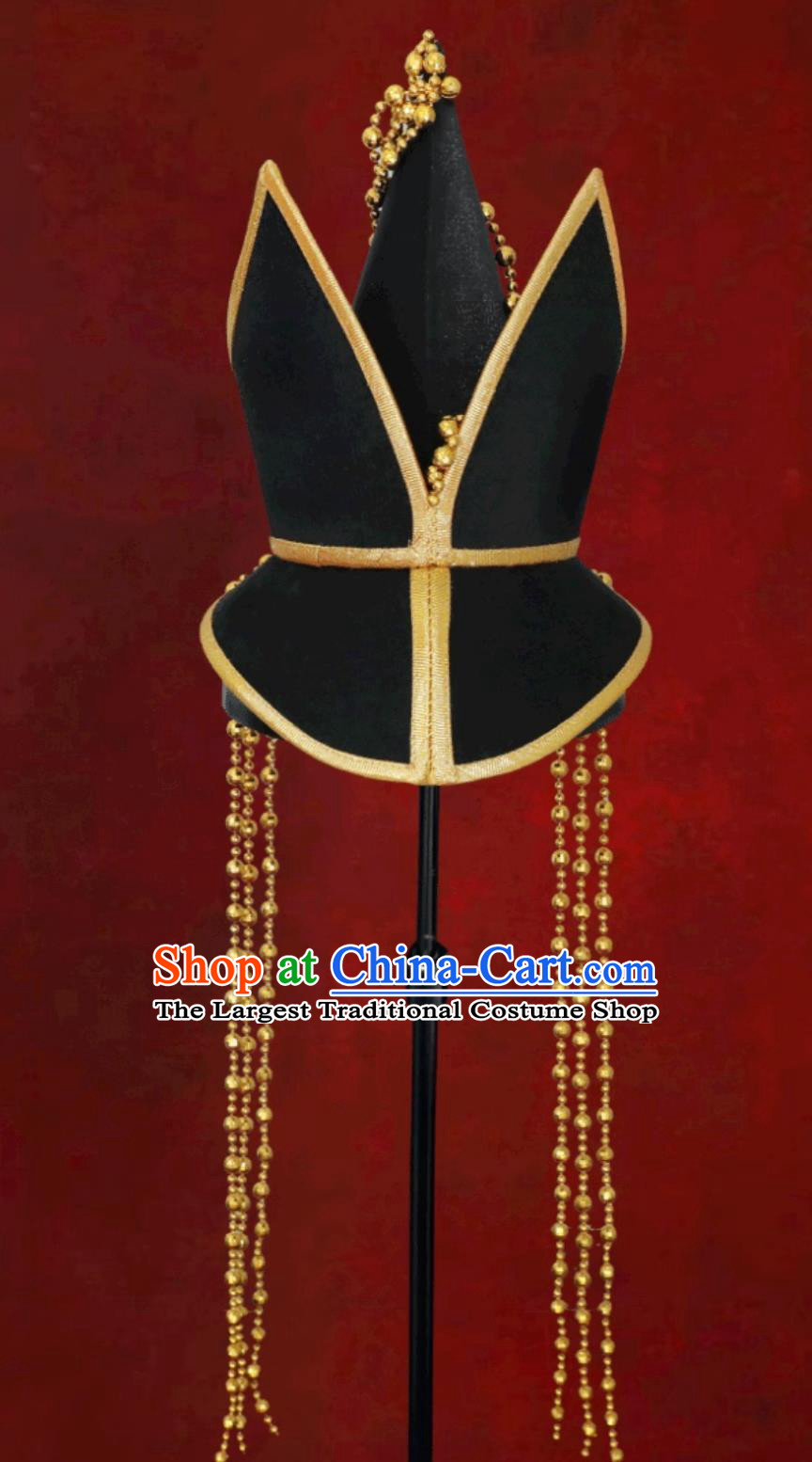 Mongolian Ladies Black Headpiece Forehead Pointed Hat Dance Performance Mongolian Hair Accessory