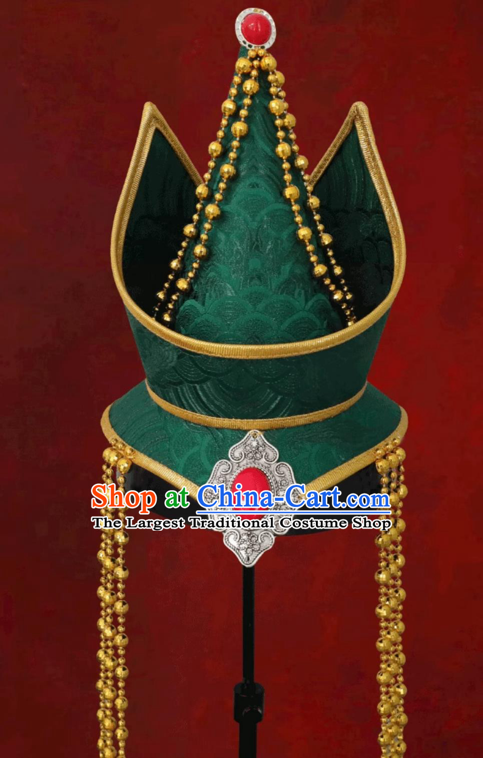Green Mongolian Ladies Headpiece Forehead Pointed Hat Dance Performance Mongolian Hair Accessory