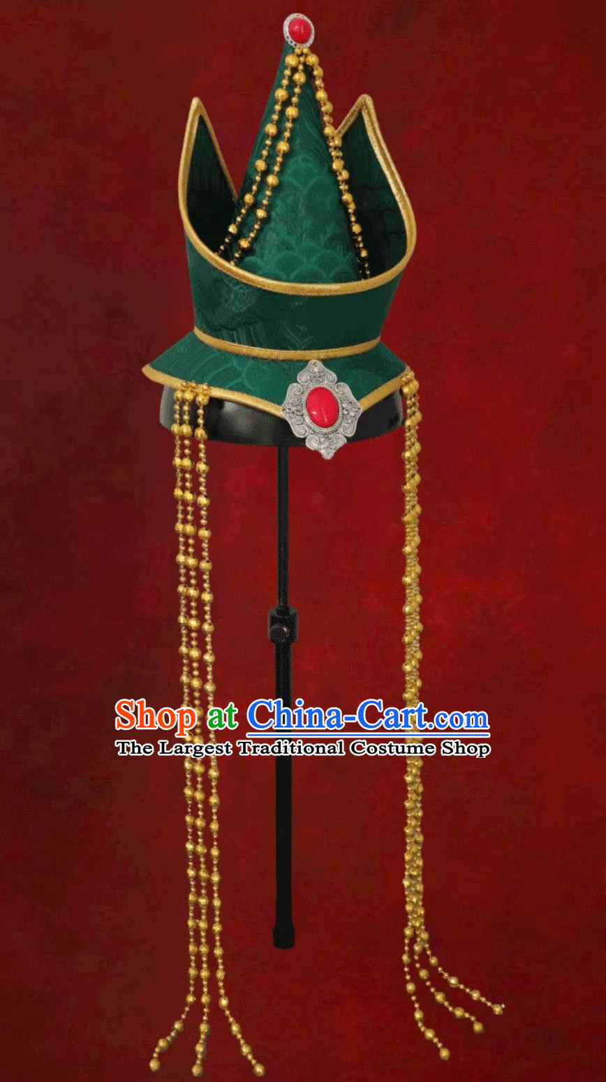 Green Mongolian Ladies Headpiece Forehead Pointed Hat Dance Performance Mongolian Hair Accessory