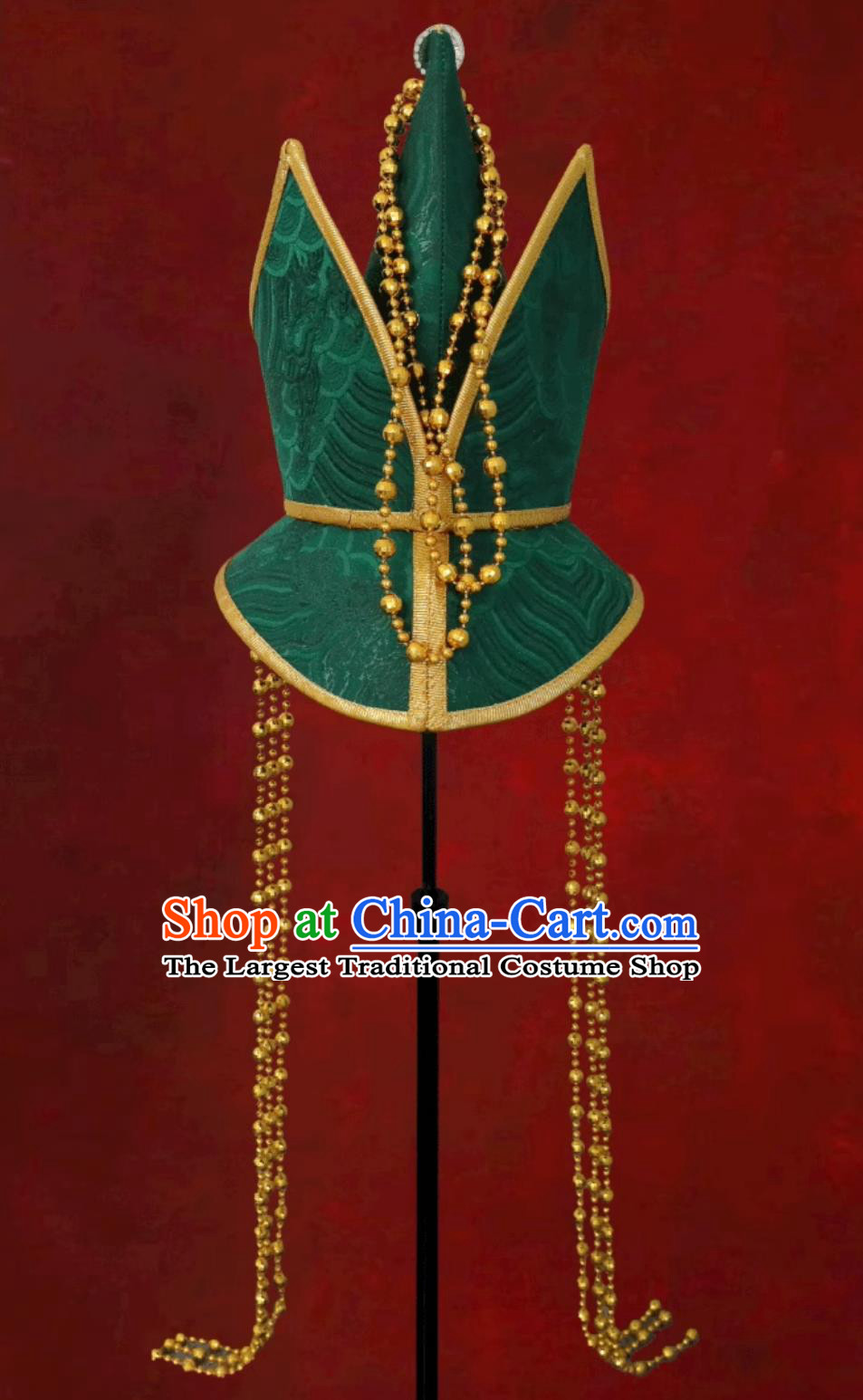 Green Mongolian Ladies Headpiece Forehead Pointed Hat Dance Performance Mongolian Hair Accessory