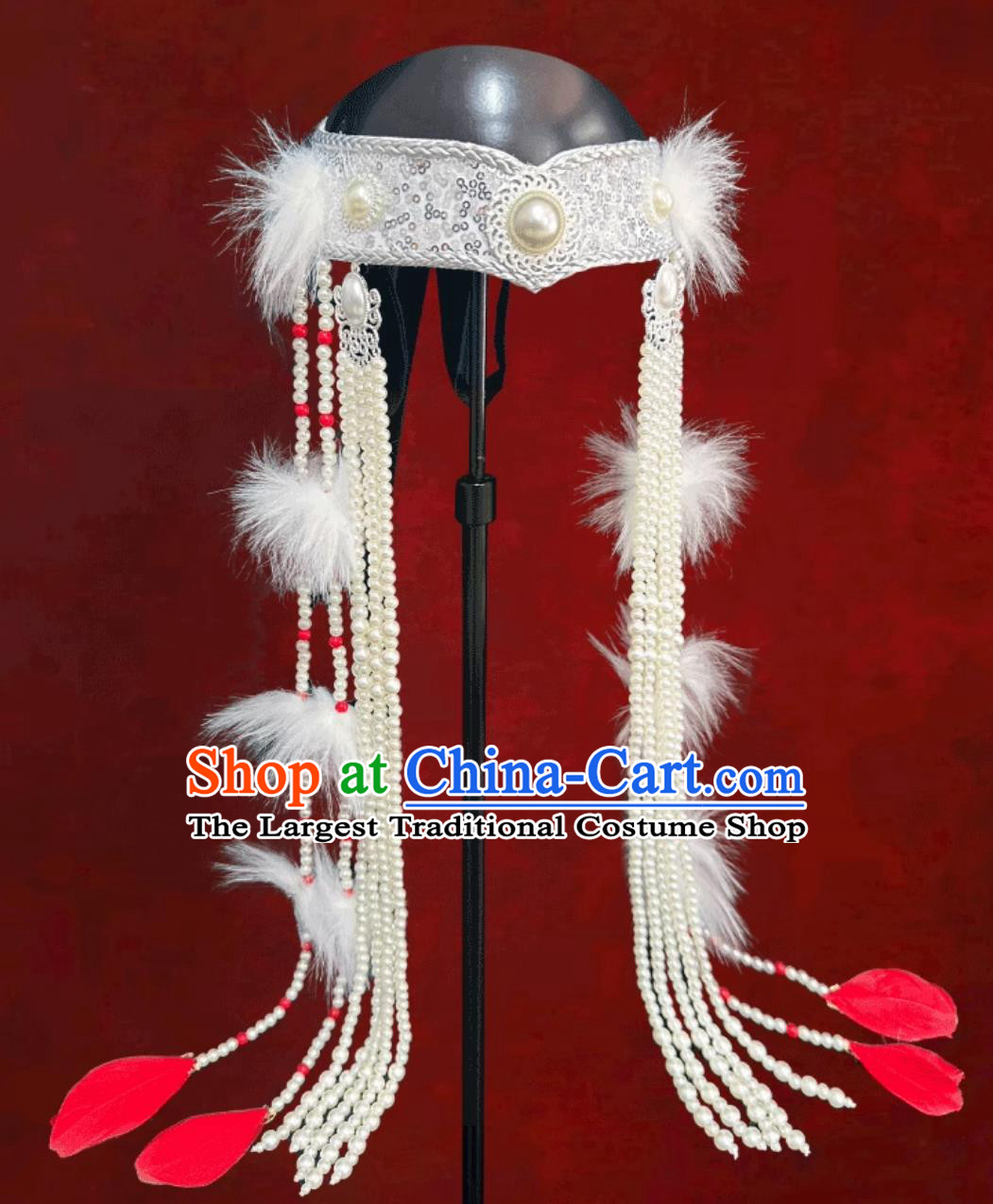 Mongolian Princess White Feather Tassel Hat Dance Performance Wedding Show Headpiece