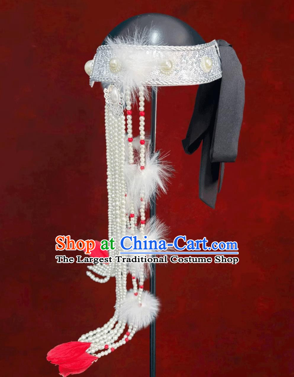 Mongolian Princess White Feather Tassel Hat Dance Performance Wedding Show Headpiece