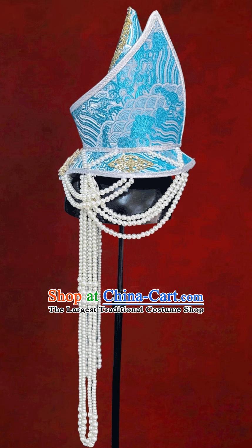 Mongolian White Blue Fuzzy Hat Mongolia Dance Performance Hair Accessory Mongolian Wedding Headwear