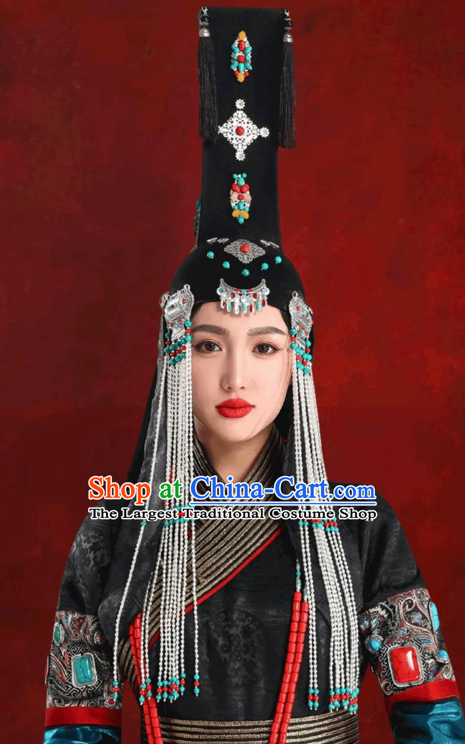 Mongolian Ladies Black Princess Hat Chinese Mongolia Dance Performance Headwear Stage Show Headpiece