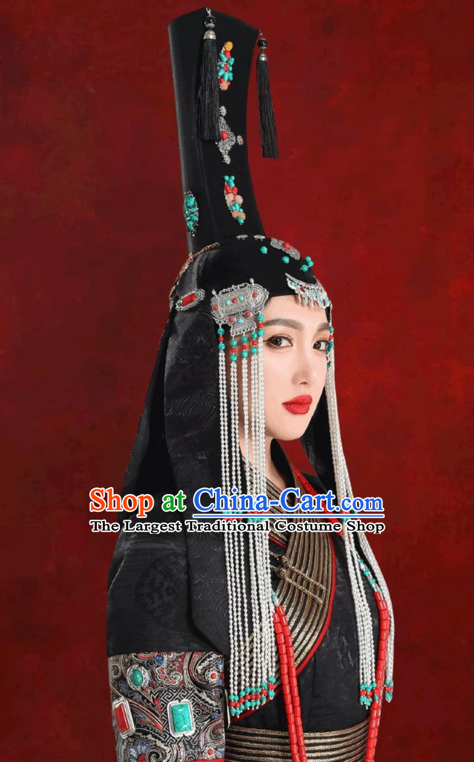 Mongolian Ladies Black Princess Hat Chinese Mongolia Dance Performance Headwear Stage Show Headpiece