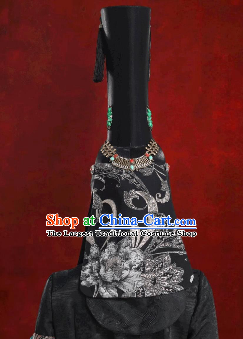 Mongolian Ladies Black Princess Hat Chinese Mongolia Dance Performance Headwear Stage Show Headpiece