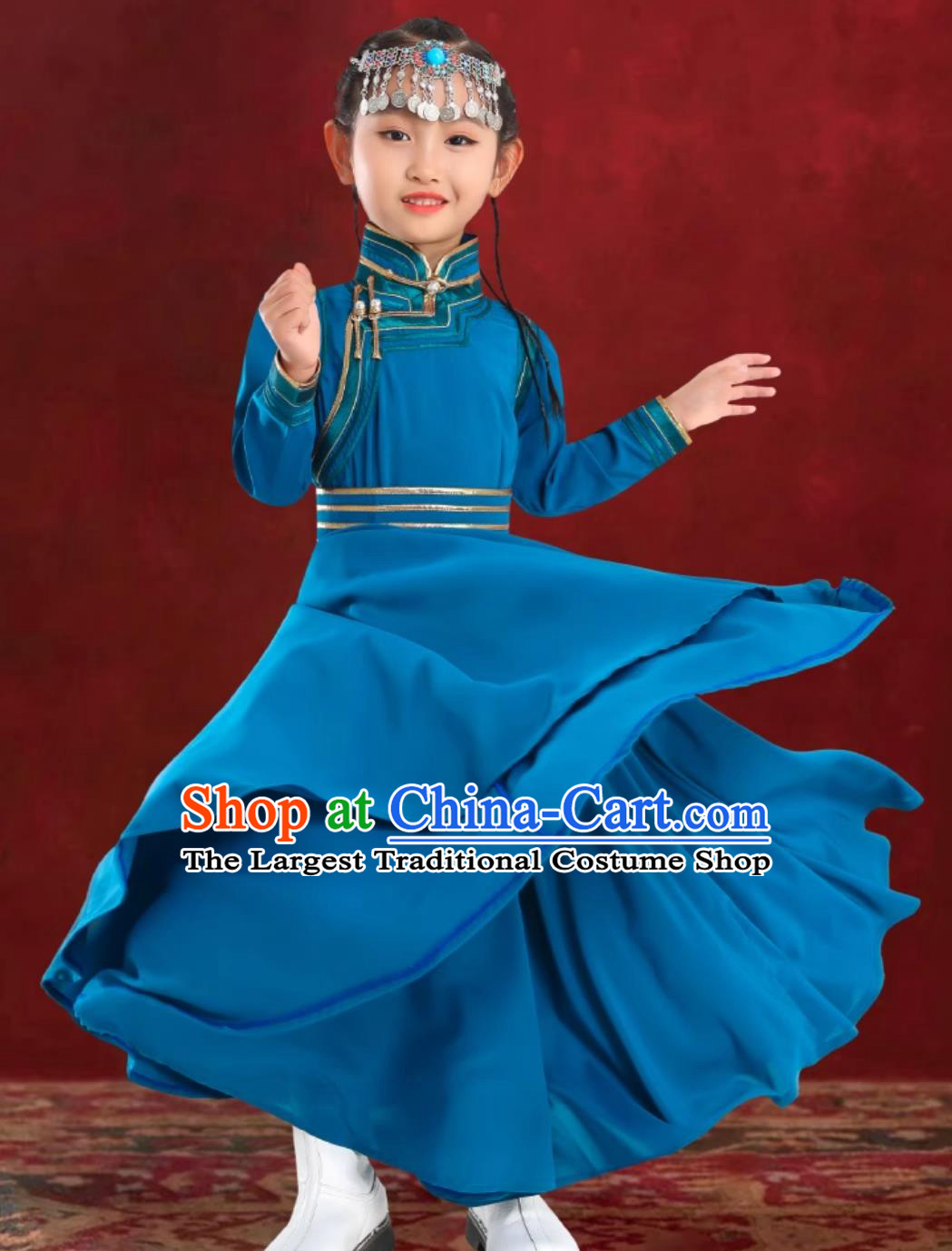 Teal Girls Mongolian Robe Chinese Mongolia Ethnic Stage Costume Performance Dress