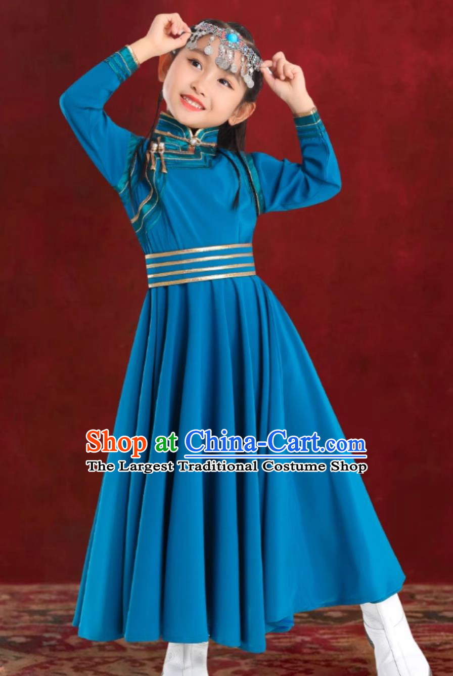 Teal Girls Mongolian Robe Chinese Mongolia Ethnic Stage Costume Performance Dress