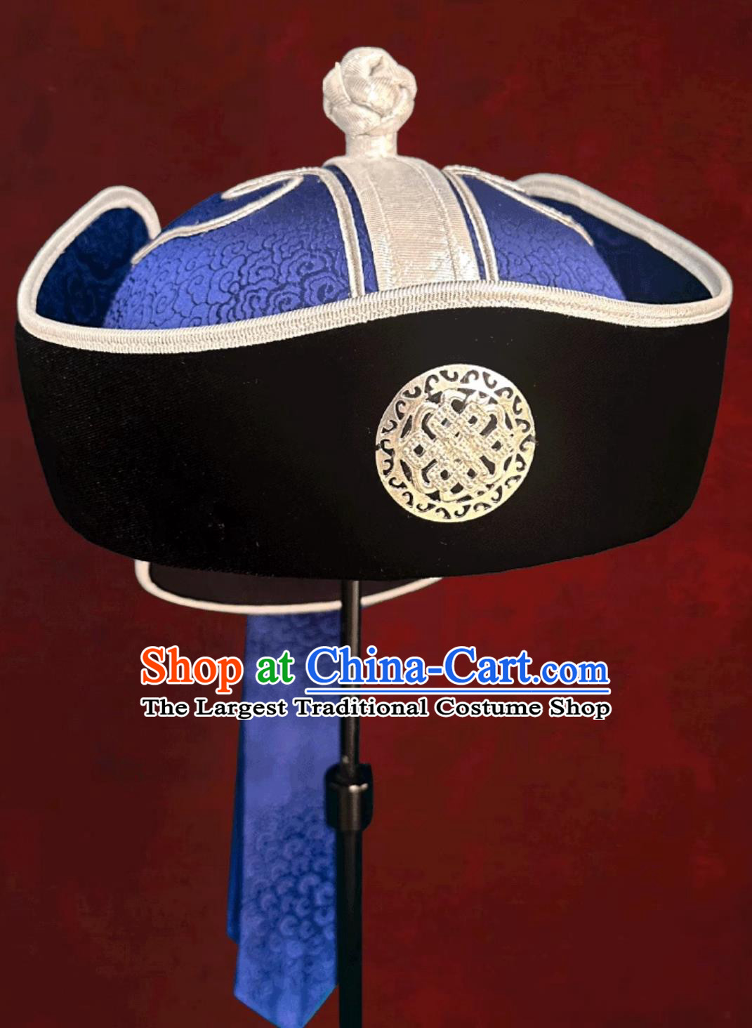 Navy Blue Prince Hat Mongolian Mens Hat Chinese Ethnic Dance Performance Headpiece Groom Wedding Headwear