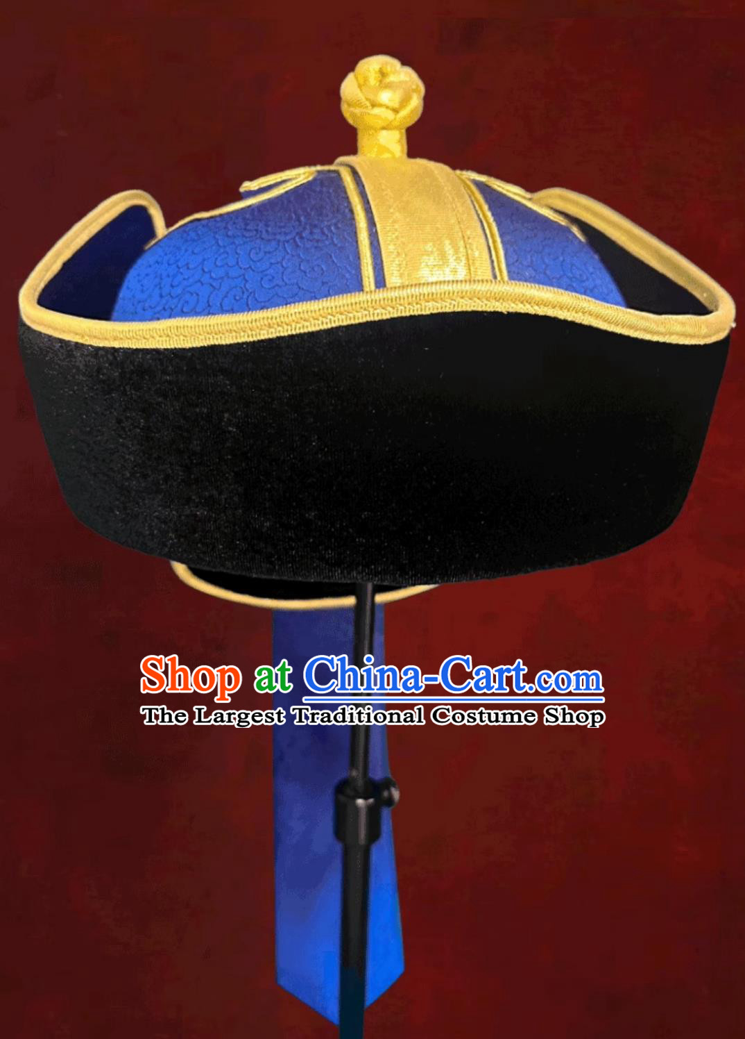 Mongolian Mens Hat Blue Prince Hat Chinese Ethnic Dance Performance Headpiece Groom Wedding Headwear
