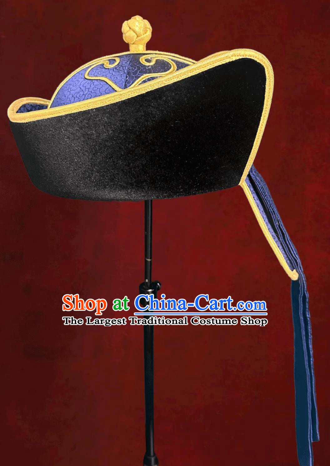 Mongolian Mens Hat Blue Prince Hat Chinese Ethnic Dance Performance Headpiece Groom Wedding Headwear