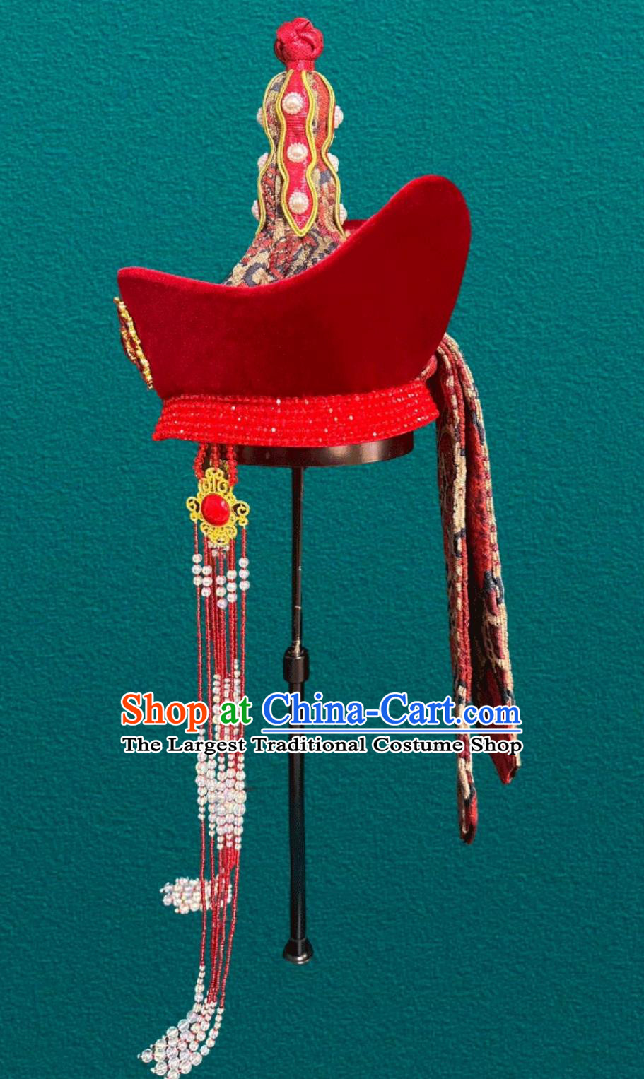 Mongolian Ladies Tassel Red Hat Chinese Mongol Dance Performance Hair Accessory Bride Show Wedding Headpiece