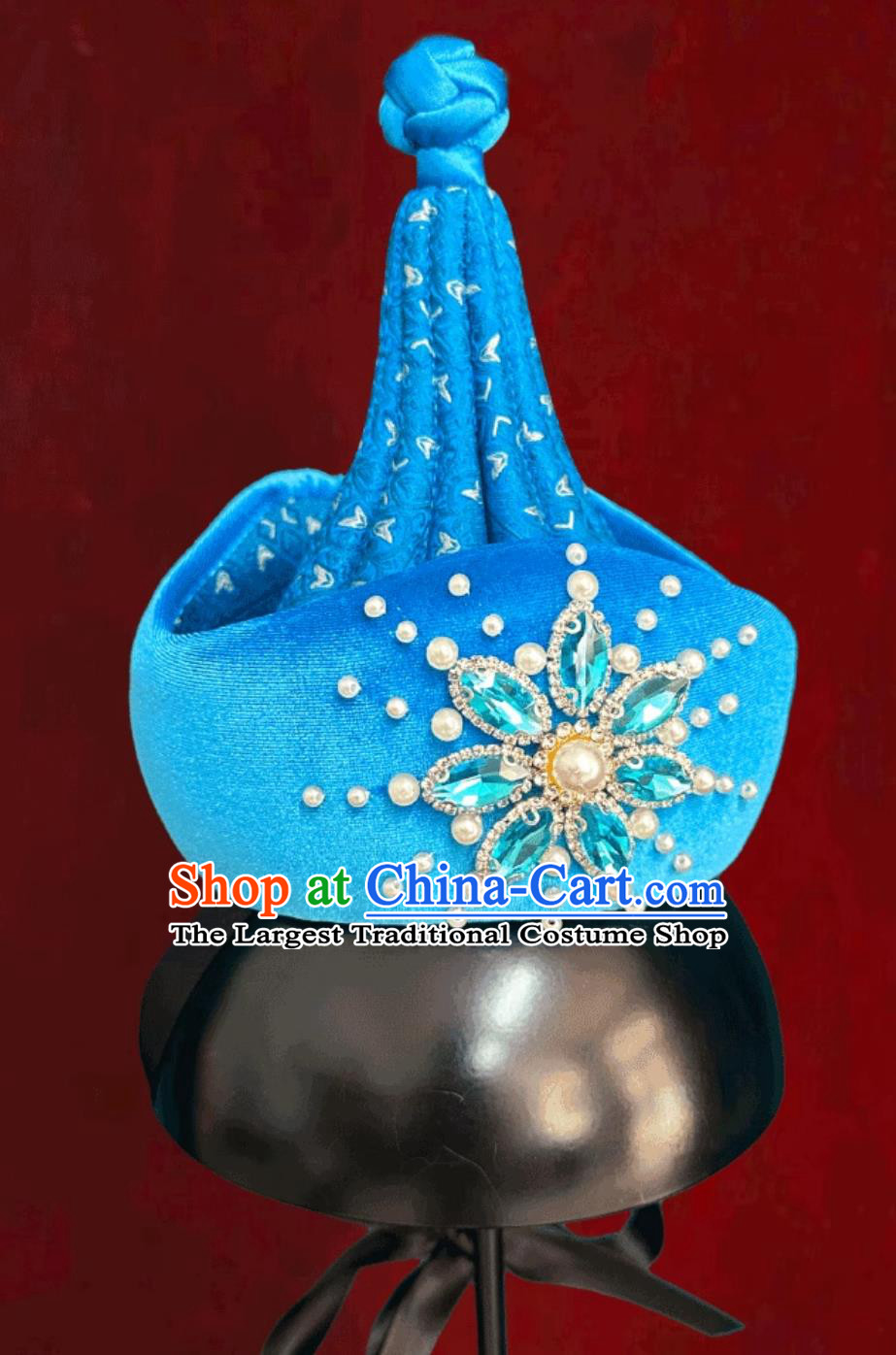 Mongolian Ladies Blue Hat Chinese Ethnic Mongolian Dance Performance Show Headpiece