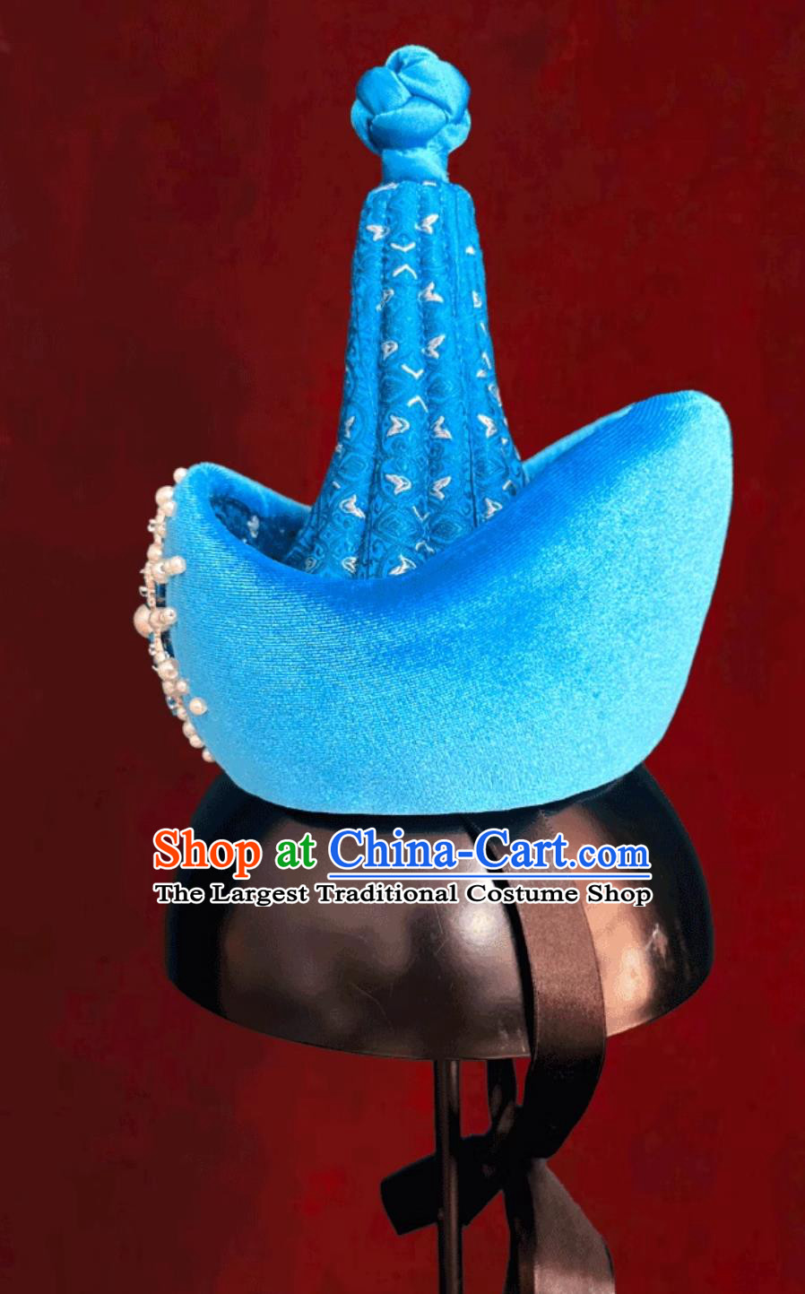 Mongolian Ladies Blue Hat Chinese Ethnic Mongolian Dance Performance Show Headpiece
