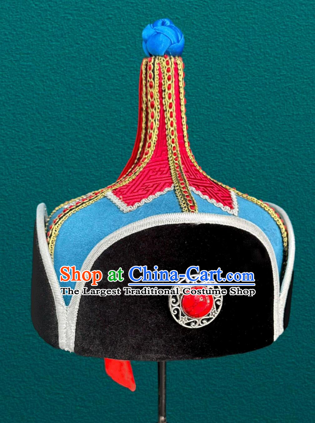 Mongolian Blue Mens Hat Ethnic Dance Performance Headpiece Prince Hat