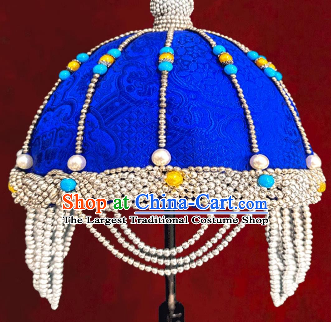 Mongolian Ladies Blue Hat Mongolia Ethnic Dance Performance Headwear Wedding Show Bride Headpiece