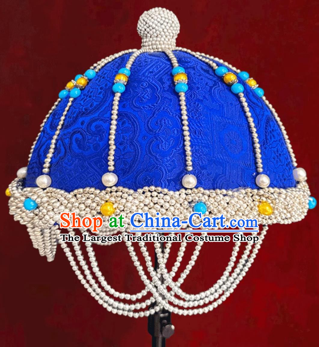 Mongolian Ladies Blue Hat Mongolia Ethnic Dance Performance Headwear Wedding Show Bride Headpiece