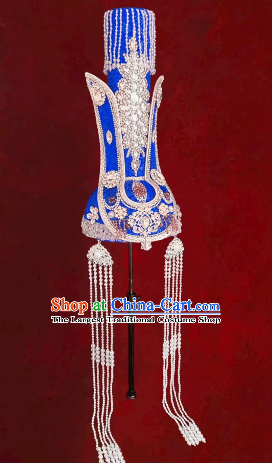 Chinese Mongolia Ethnic Dance Performance Headwear Mongolian Ladies Blue Hat Wedding Show Headpiece
