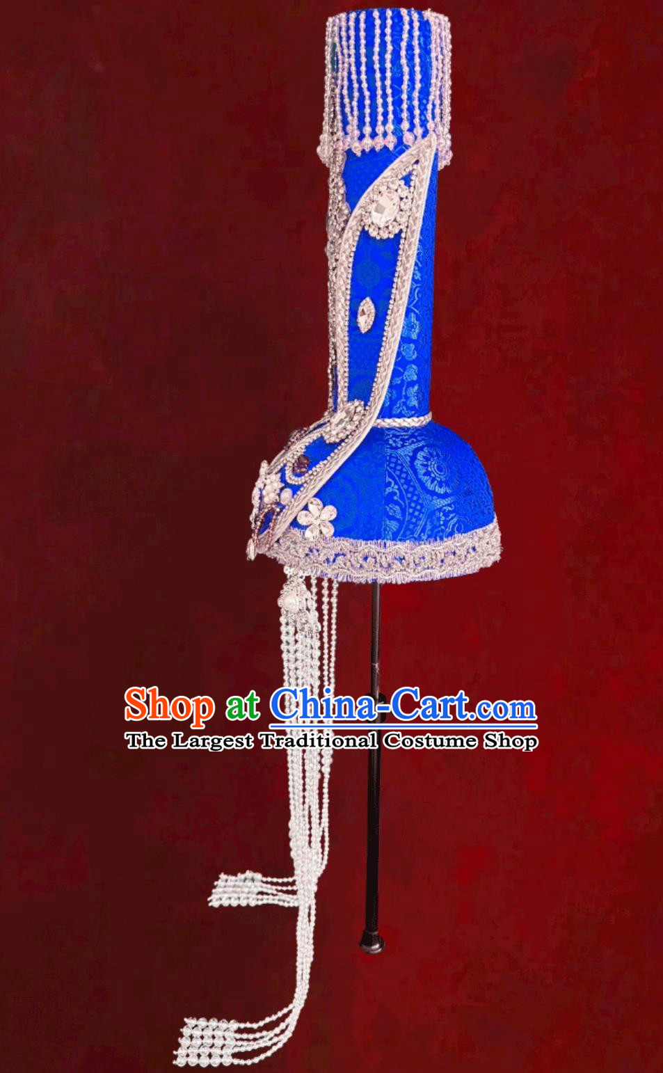 Chinese Mongolia Ethnic Dance Performance Headwear Mongolian Ladies Blue Hat Wedding Show Headpiece