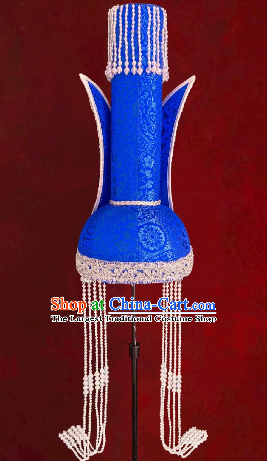 Chinese Mongolia Ethnic Dance Performance Headwear Mongolian Ladies Blue Hat Wedding Show Headpiece