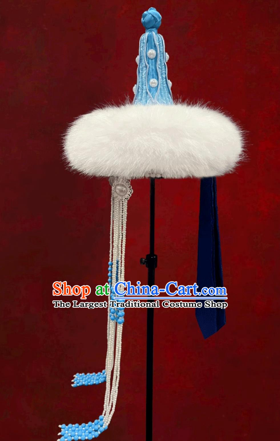 Chinese Opera Performance Headpiece Mongolian Ladies Blue Hat Mongolia Dance Hair Accessory