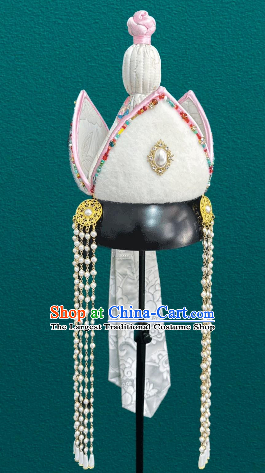 Mongolian White Tassel Ethnic Hat Chinese Dance Performance Wedding Show Headpiece