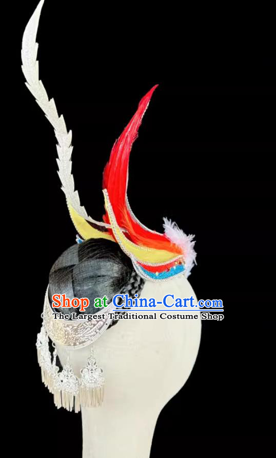 Miao Performance Dan Feng Chao Yang Dance Headdress Silver Hair Accessories Feather Ornaments Hair Accessories