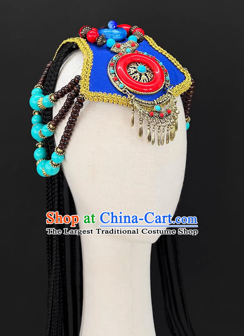 Tibetan Style Female Performance Headdress Chinese Zang Ethnic Dance Wig Braids Headpiece