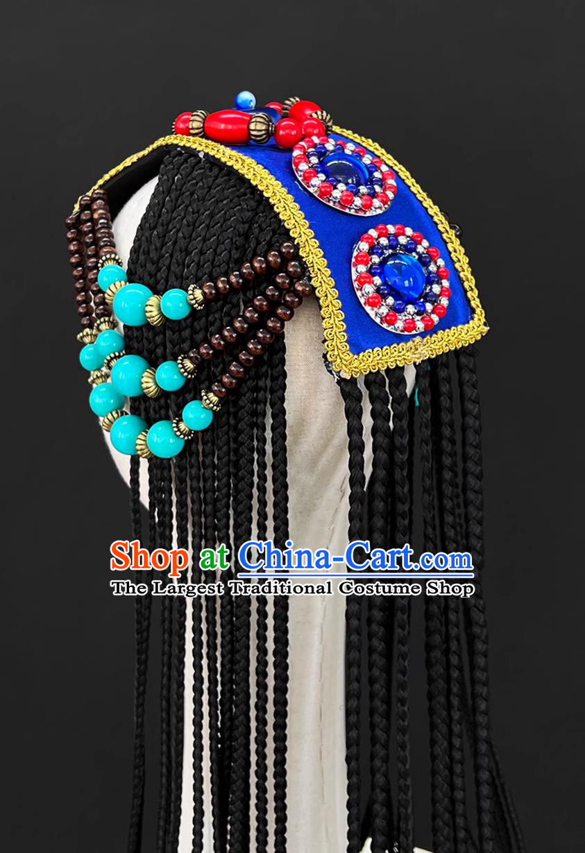 Tibetan Style Female Performance Headdress Chinese Zang Ethnic Dance Wig Braids Headpiece