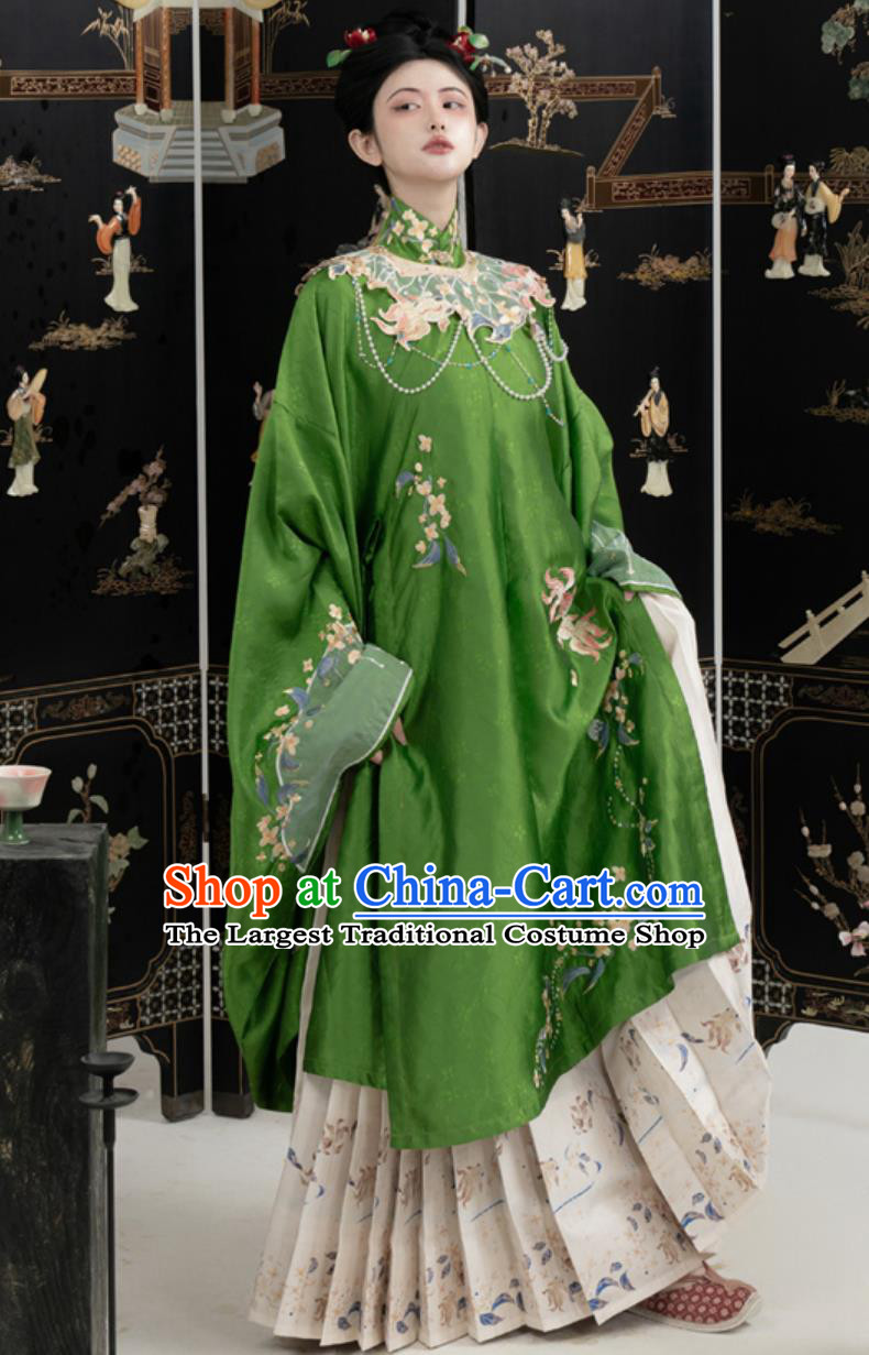 Ming Dynasty Hanfu Women Standing Collar Embroidered Long Gown Horse Face Skirt Ancient Chinese Clothing