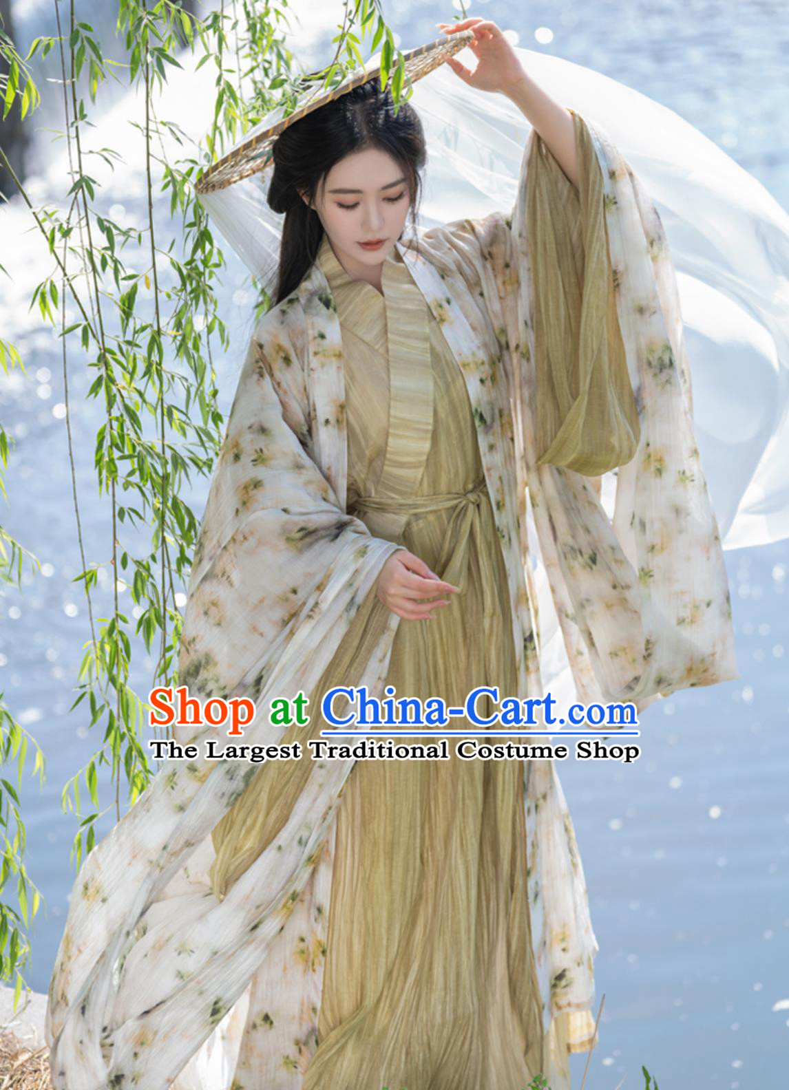 Traditional Chinese Clothing Wei Jin Style Printed Wide Sleeve Robe Cross Collar Straight Hem Hanfu Robe