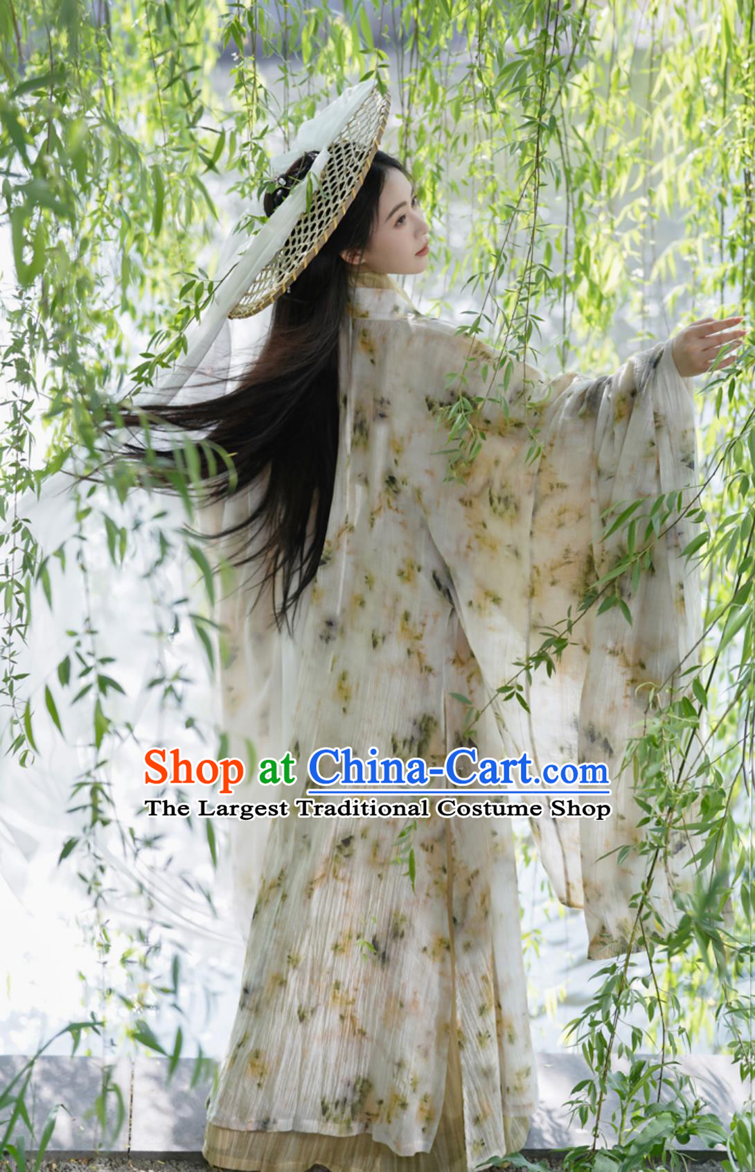 Traditional Chinese Clothing Wei Jin Style Printed Wide Sleeve Robe Cross Collar Straight Hem Hanfu Robe