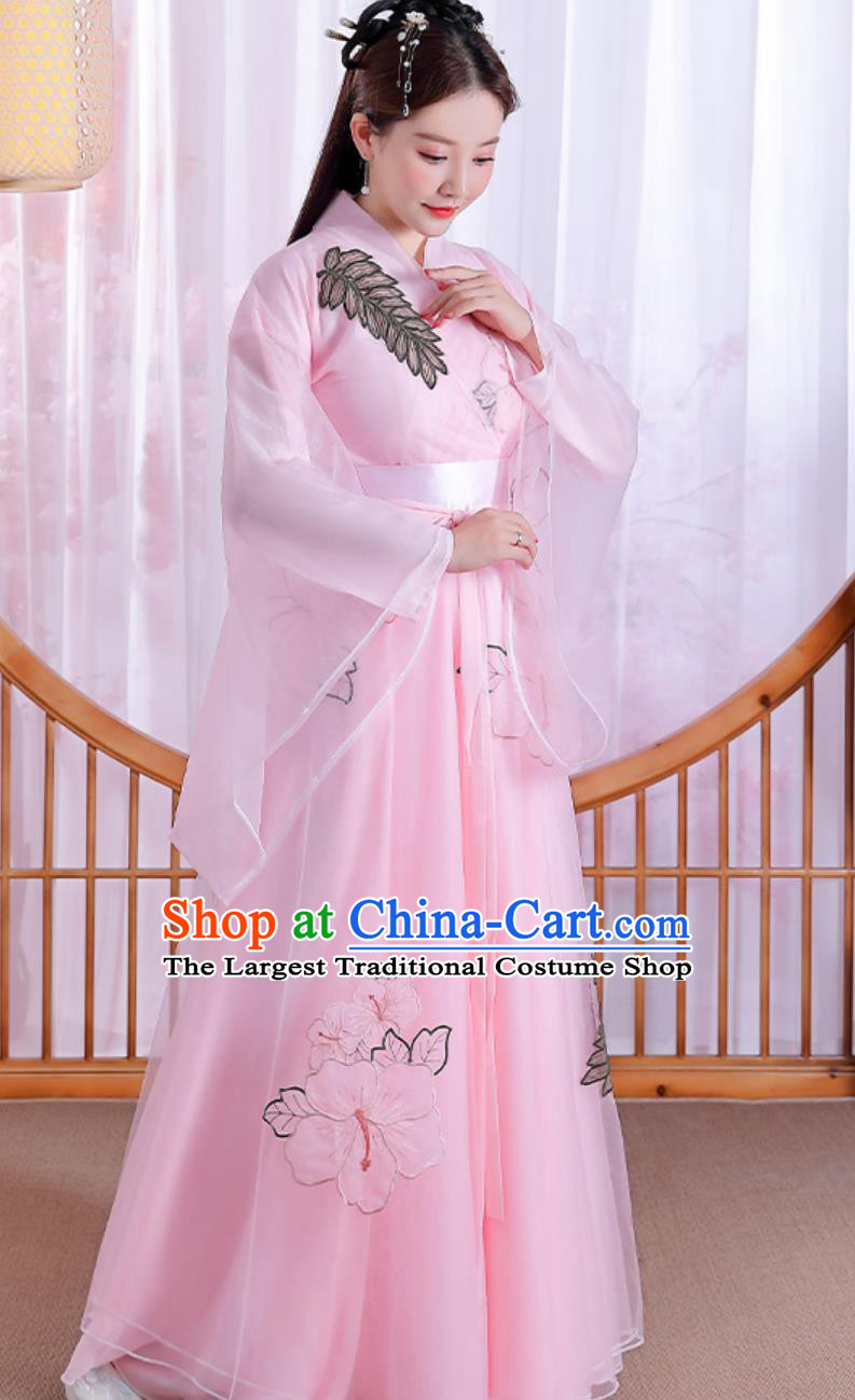 Chinese Women Hanfu Pink Wide Sleeve Dress Ancient Princess Costume