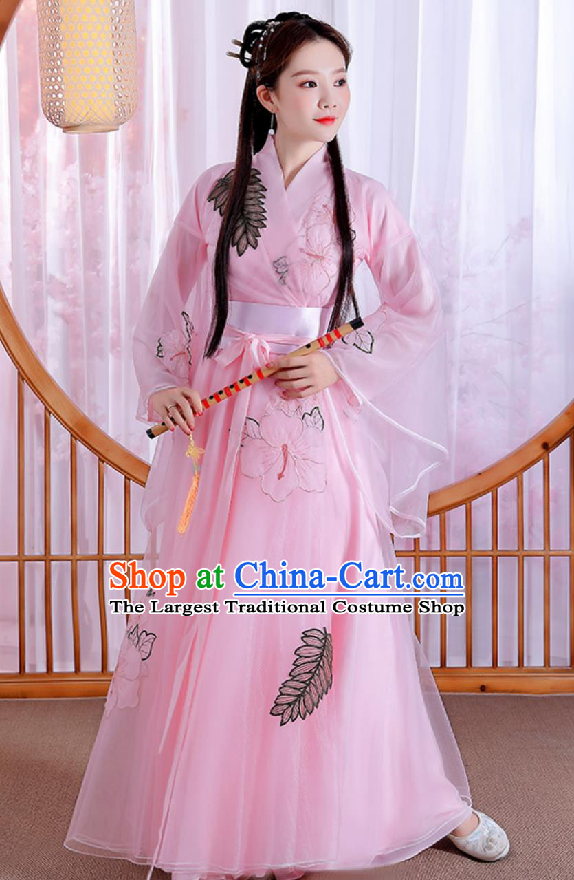 Chinese Women Hanfu Pink Wide Sleeve Dress Ancient Princess Costume