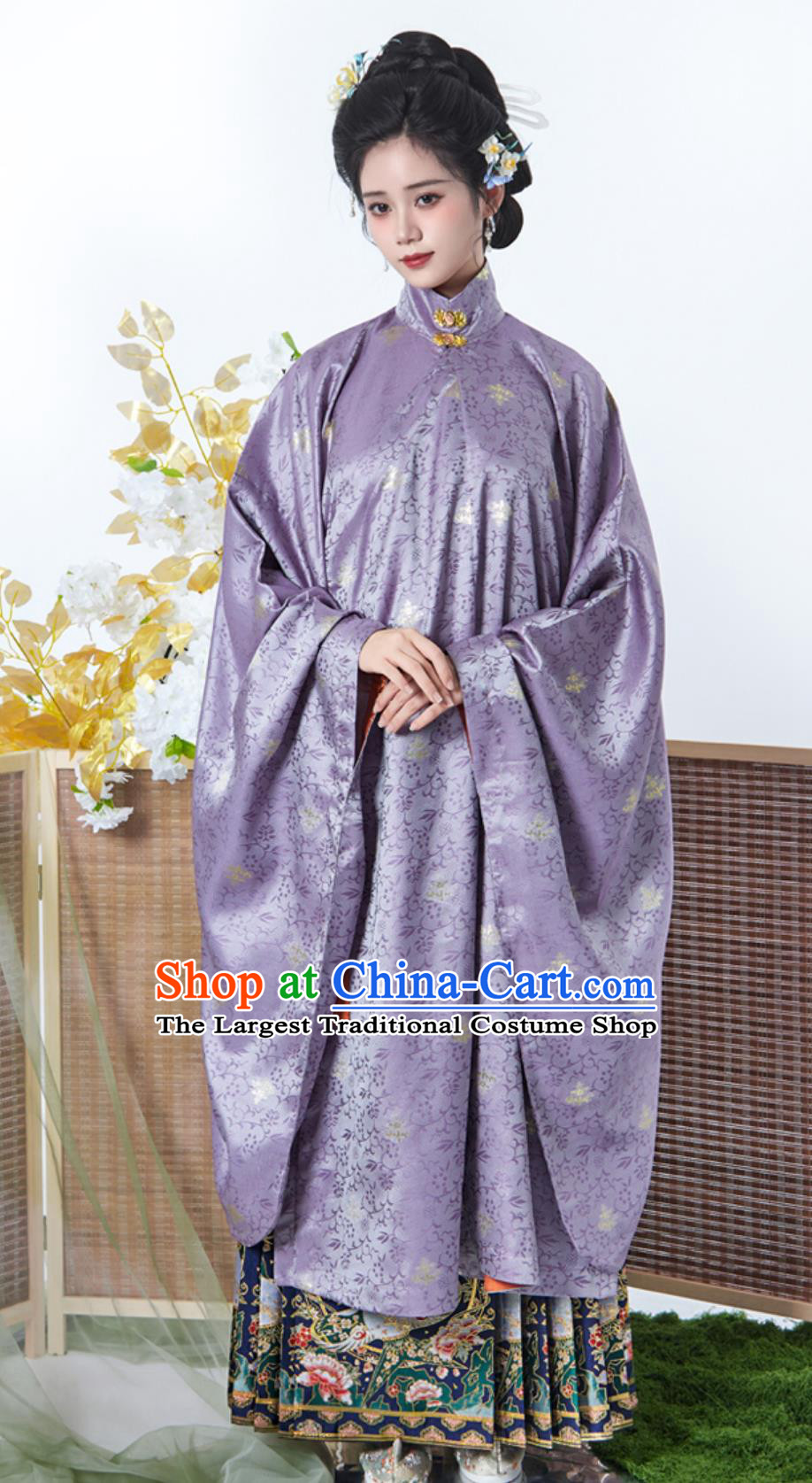 Chinese Ming Dynasty Hanfu Women Standing Collar Wide Sleeve Long Gown and Brocade Horse Face Skirt Complete Set