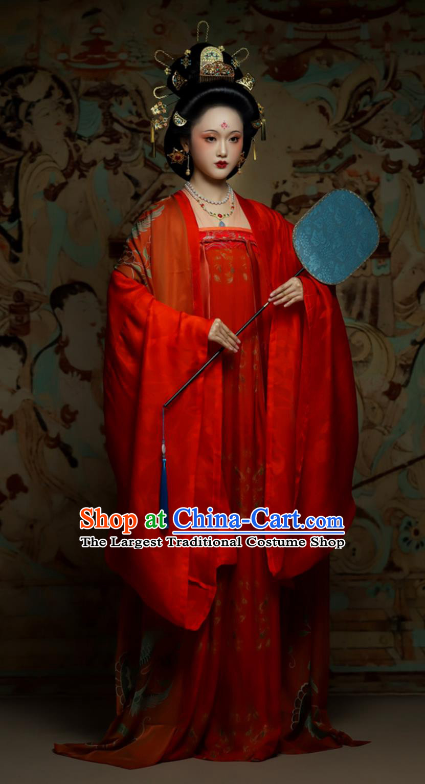 Traditional Chinese Hanfu Tang Dynasty Wedding Red Silk Wide Sleeve Cloak High Waisted Ruqun Complete Set