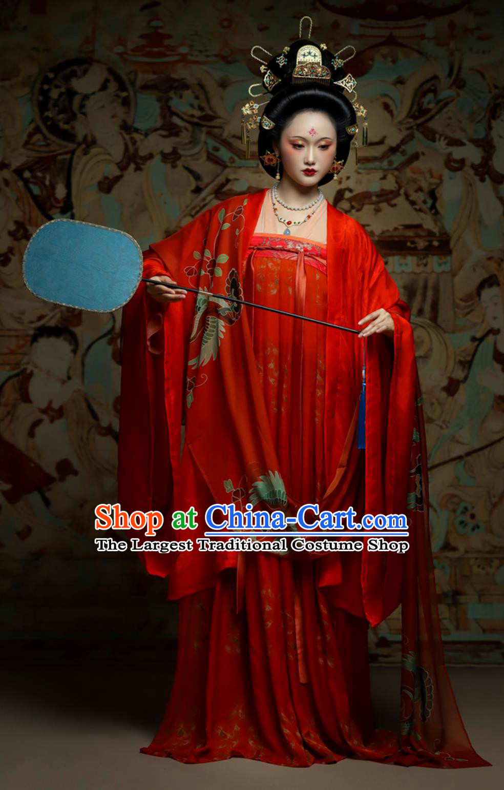 Traditional Chinese Hanfu Tang Dynasty Wedding Red Silk Wide Sleeve Cloak High Waisted Ruqun Complete Set