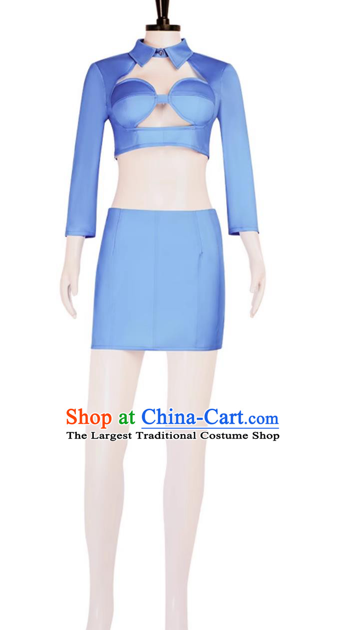 Halloween Blue Vintage Stewardess Cosplay Stage Performance Costume