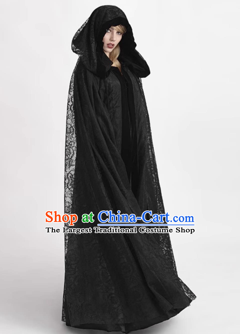 Medieval Ornate Gothic Dark Witch Hooded Long Cape Black Lace Trim Cloak Coat