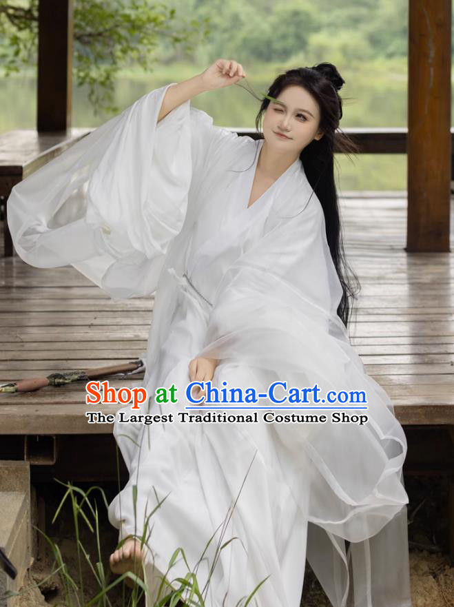 Wei Jin Style Hanfu Female Knight Dress Traditional Chinese White Zhiju Robe Wide Sleeve Gown